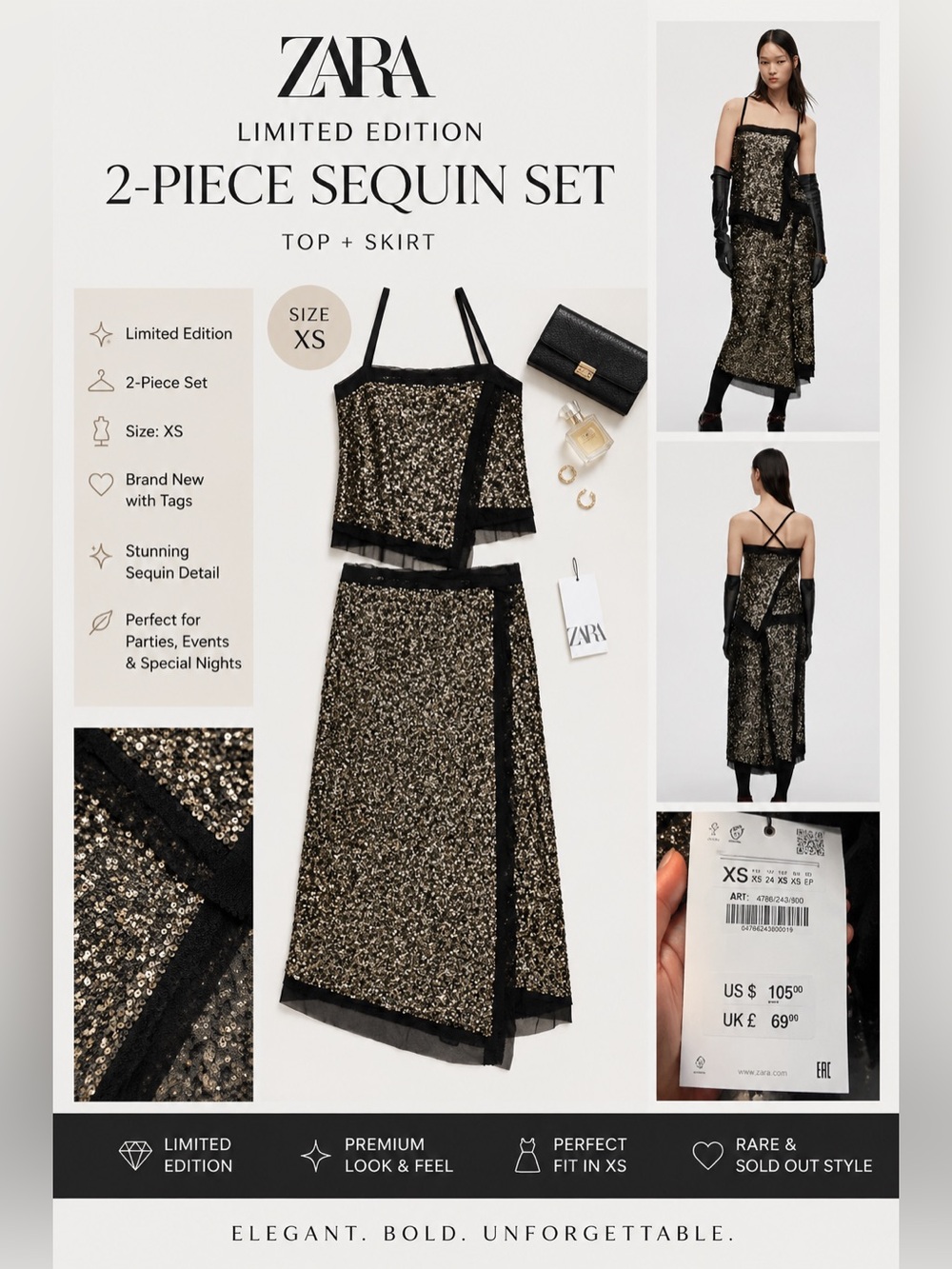 Zara Gold Sequin 2-Piece Midi Skirt Set